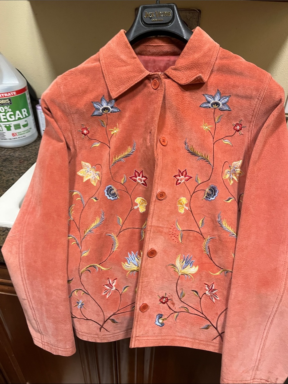 Embroidered Coral Suede Button Jacket
